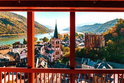 High angle view of buildings against mountains