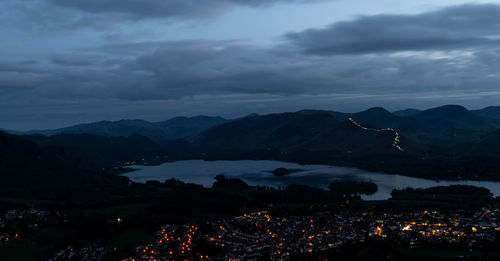 High angle view of illuminated city against sky at dusk