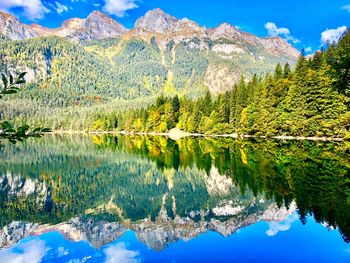 Reflection of trees in lake against sky