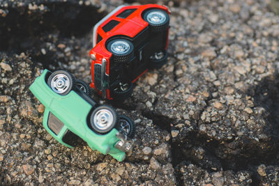 High angle view of toy car