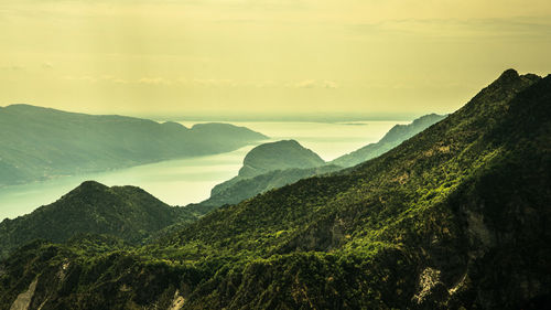 Scenic view of mountains against sky during sunset