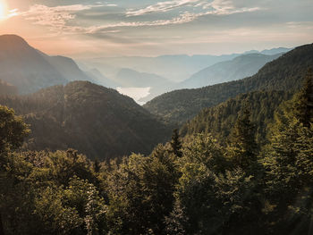 Scenic view of mountains against sky during sunset