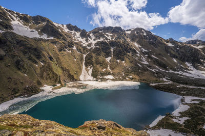 Scenic view of lake and snowcapped mountains against sky