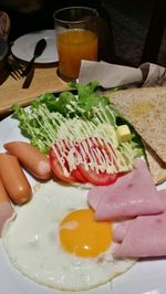 High angle view of breakfast served in plate