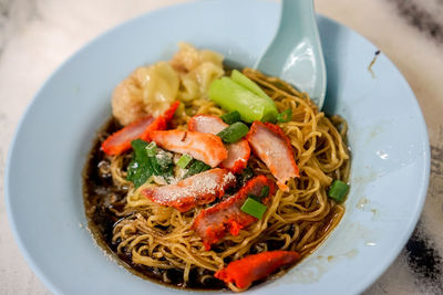 High angle view of noodles in bowl on table