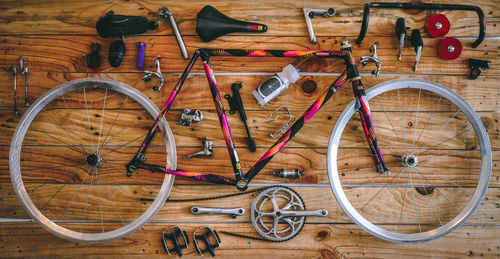 High angle view of bicycles on table