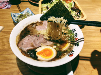 High angle view of food in bowl on table