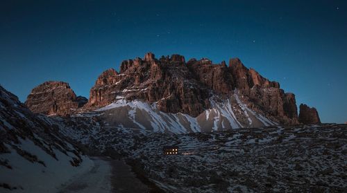 Panoramic view of snowcapped mountains against clear blue sky