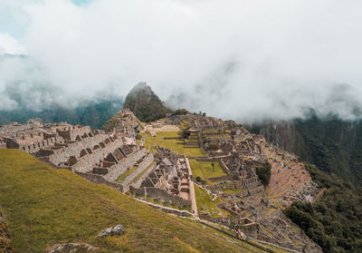 High angle view of old ruins against sky