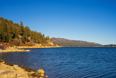 Scenic view of lake against clear blue sky