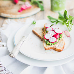 High angle view of food served in plate on table