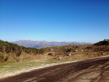 Scenic view of mountains against clear blue sky