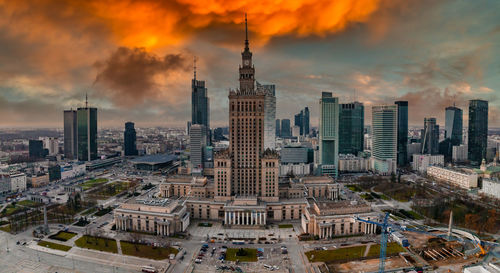 Aerial view of palace of culture and science and downtown business skyscrapers in warsaw