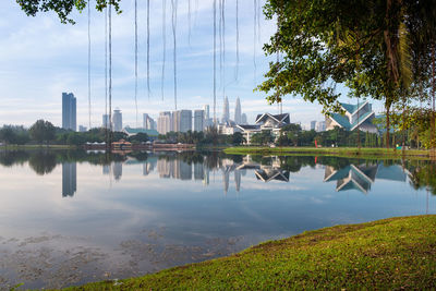 Reflection of trees in lake against sky in city