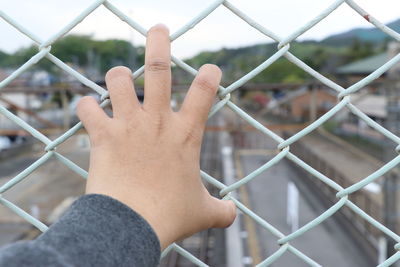Cropped hand holding chainlink fence