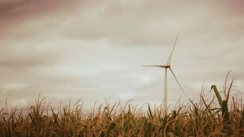 Traditional windmill on field against sky