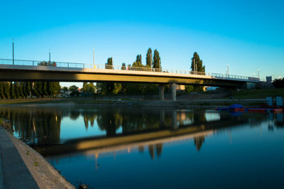 Bridge over river against clear blue sky