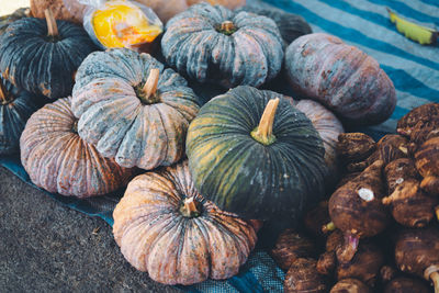 High angle view of pumpkins for sale at market