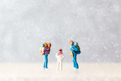 Close-up of figurines on snow covered field