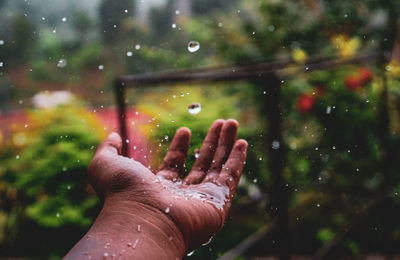 Close-up of water falling on hand