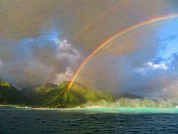 Scenic view of rainbow over sea against sky