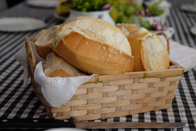 Close-up of homemade breads in whicker basket on table