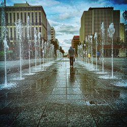 View of city street at dusk