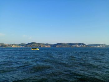 Scenic view of sea against clear blue sky