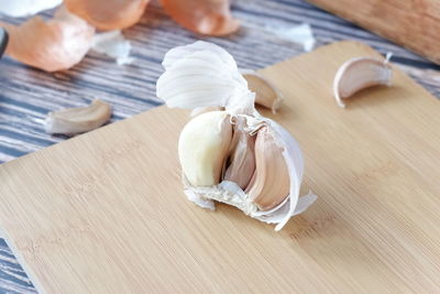 High angle view of garlic on table