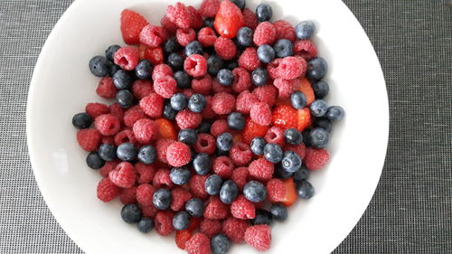 High angle view of strawberries in plate on table