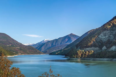 Landscape of zhinvali reservoir with surrounding mountains, georgia