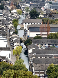 High angle view of buildings in city
