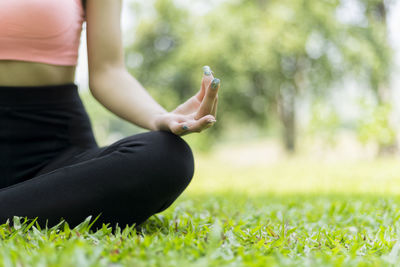 Midsection of woman using mobile phone in grass