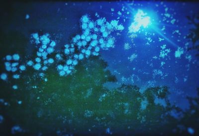 Low angle view of illuminated blue sky at night