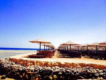 Scenic view of sea against clear blue sky