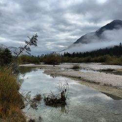 Scenic view of lake against cloudy sky