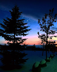 Silhouette trees by lake against sky during sunset