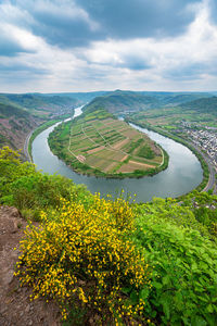 Aerial view of a bend in the moselle river near bremm, germany
