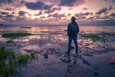 Rear view of man standing on beach during sunset