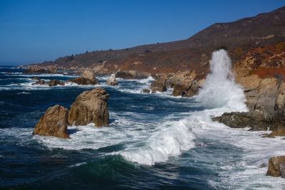 Scenic view of sea against clear blue sky