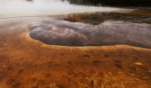 High angle view of wet shore in lake