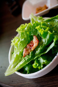 High angle view of salad in bowl on table