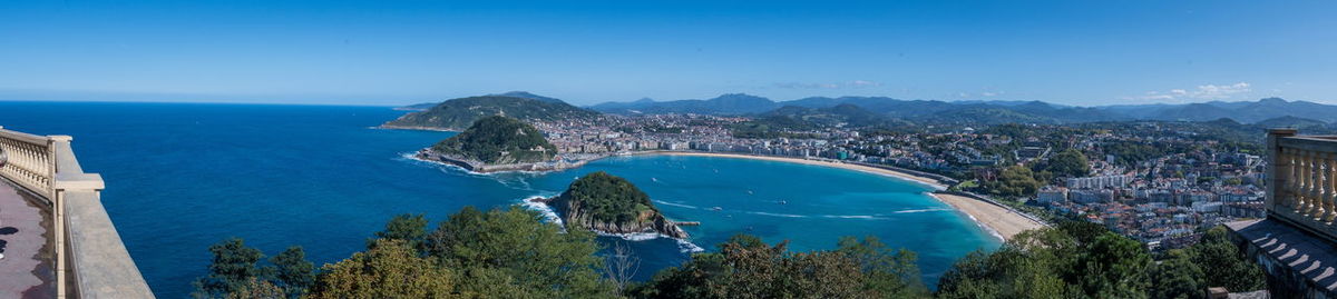 Panoramic shot of sea and cityscape against sky