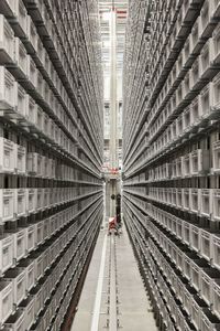 High angle view of automated warehouse. boxes put in the pallet in shelf rack in warehouse.