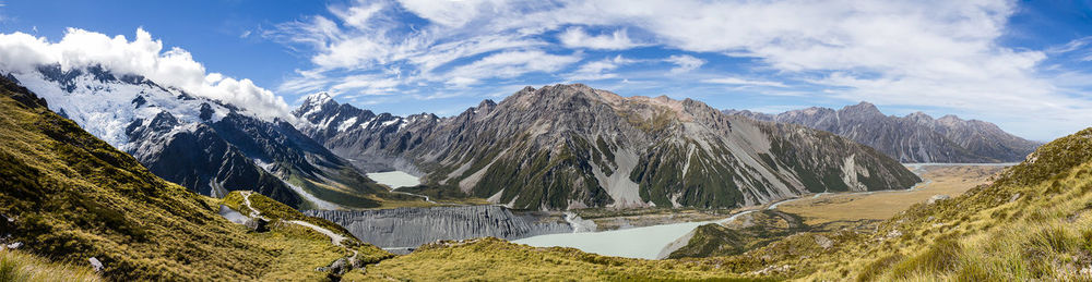 Scenic view of mountains against cloudy sky