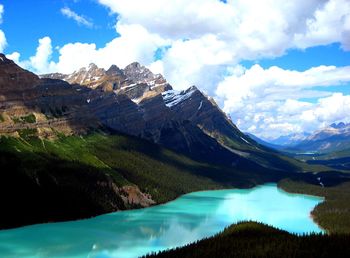Scenic view of lake and mountains against sky