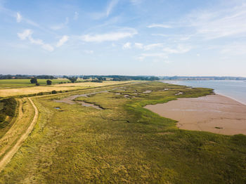 Scenic view of landscape and sea against sky