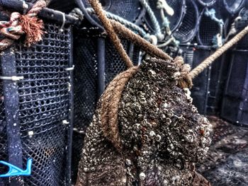 Close-up of fishing net hanging on wood