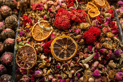 Dried tea, fruits, herbs, flowers at istanbul spice bazaar