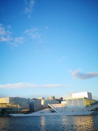 Buildings by river against blue sky